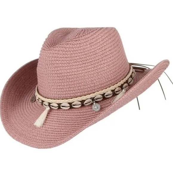 None Other - Unisex Woven Western Straw Beach Sun Hat Cowrie Cowry Shells Tassels Folds Mauve